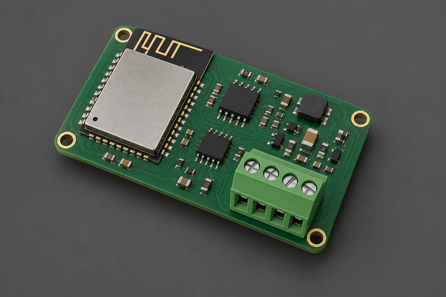 Concept render of a compact green gateway board with a shielded wireless module, printed antenna, and four-position screw terminal