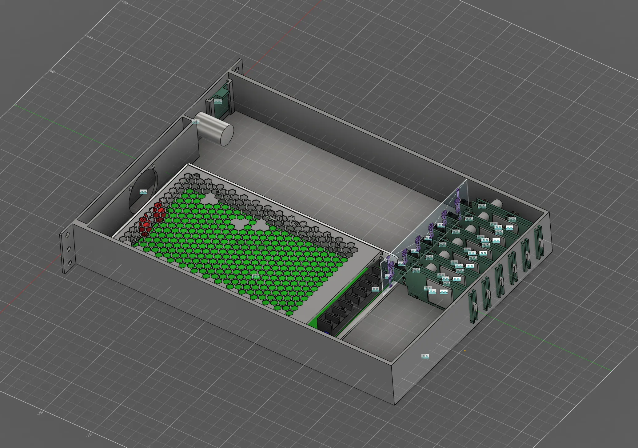 CAD view of the open rack enclosure with a power supply and a row of carrier modules